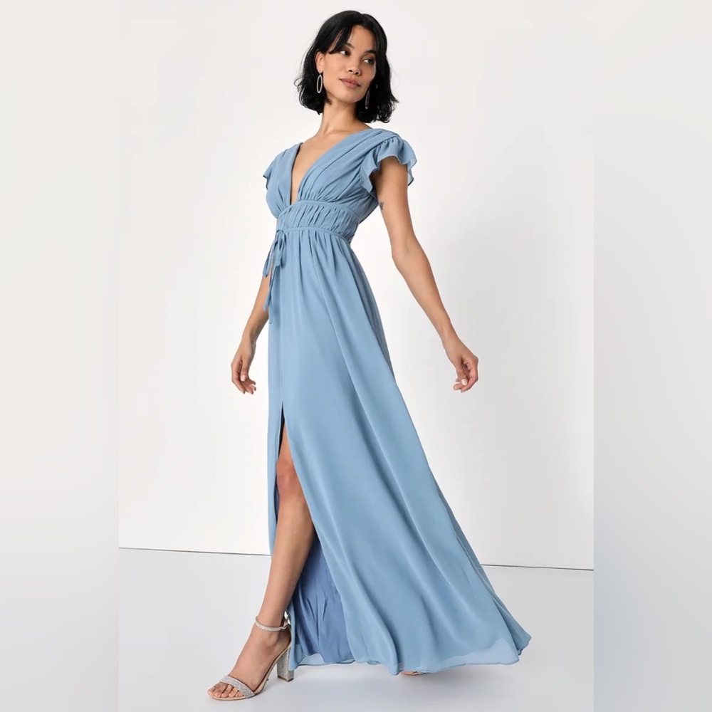 Lulus I'm All Yours Slate Blue Ruffled Maxi Dress Womens Medium Blue